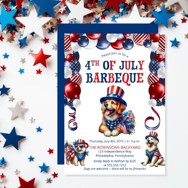Invitation Chien Friendly Pas de feux d'artifice 4 juillet fê (Balloon Arch and Cute Cool Dogs No Fireworks Pet Friendly 4th of July BBQ Invitation)