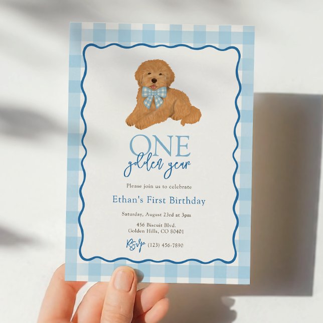 Invitation Chien Goldendoodle Bleu Anniversaire Première Anné (Créateur téléchargé)