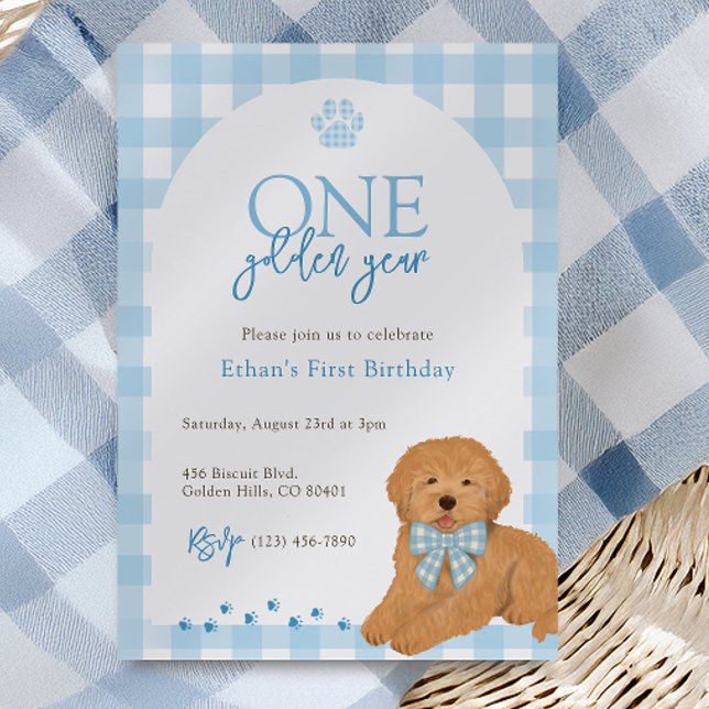 Invitation Chien Goldendoodle Bleu Un An Anniversaire Doré (Créateur téléchargé)