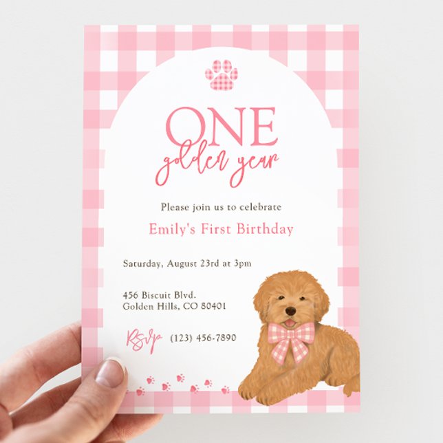 Invitation Chien Goldendoodle rose Un an d'anniversaire doré (Créateur téléchargé)