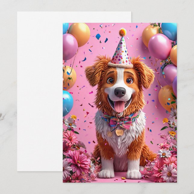 Invitation Chien heureux célébrant son anniversaire (Devant / Derrière)