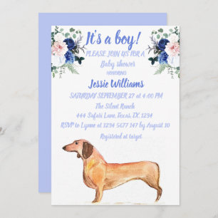 Invitation Chien mignon Dachshund Floral Blue Weiner Baby Boy
