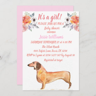 Invitation Chien mignon Dachshund Floral rose Weiner bébé fil