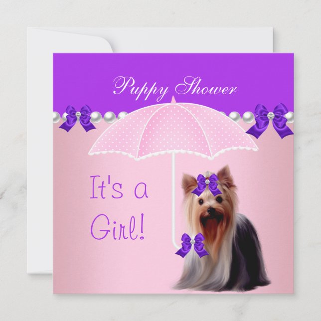 Invitation Chien mignon Douche Chien mignon violet rose Yorki (Devant)
