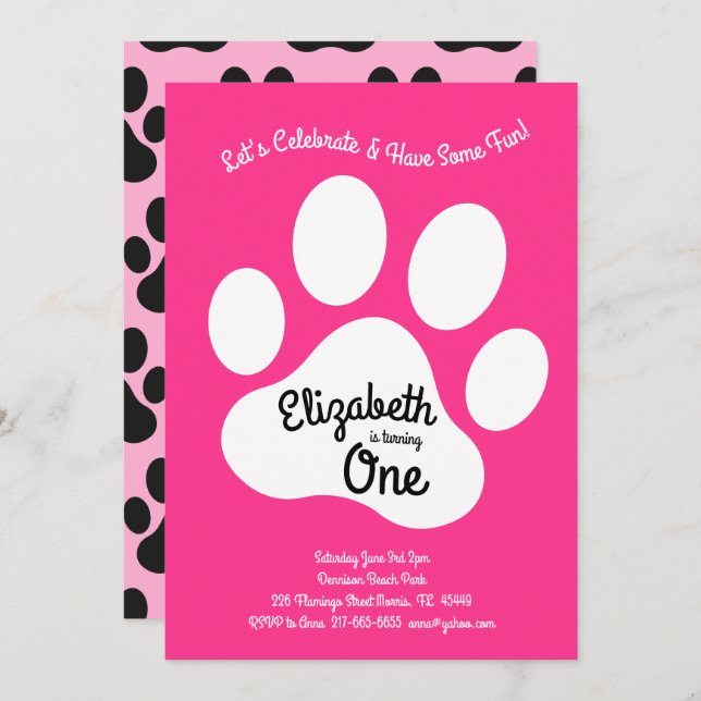 Invitation Chien mignon Empreinte de patte Enfants 1er annive (Devant / Derrière)