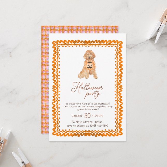 Invitation Chien Orange Preppy Citrouille Halloween Party (Devant/Arrière en situation)