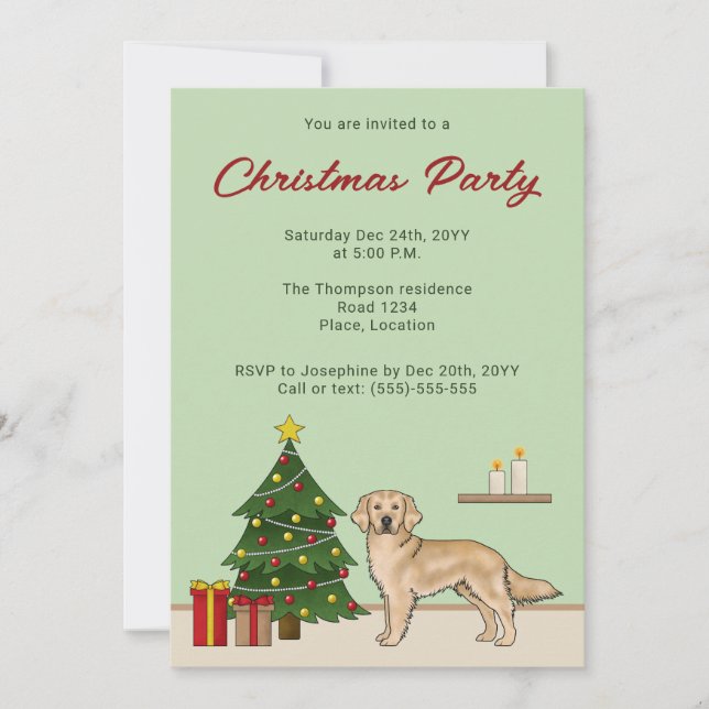 Invitation Chien Retriever doré jaune avec arbre de Noël (Devant)
