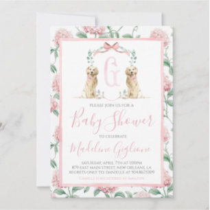 Invitation Chien rose Baby shower Fille Floral Preppy Sud