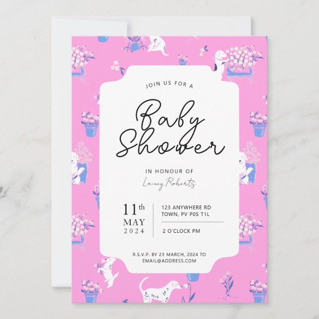 Invitation Chien rose et bleu Chien Baby shower floral (Devant)
