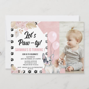 Invitation Chien rose Noir Boho Paw-ty Floral 1er anniversair