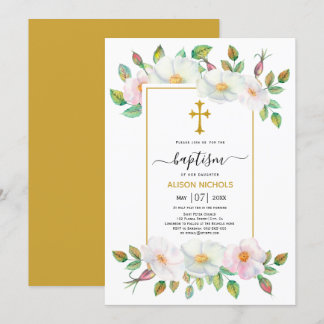 Invitation Chien sauvage blanc et rose rose or floral Baptême