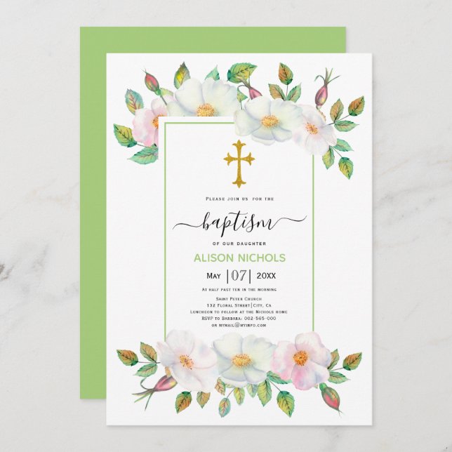 Invitation Chien sauvage blanc et rose roses vert floral Bapt (Devant / Derrière)