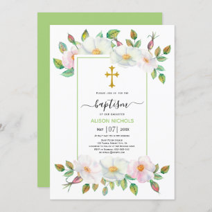 Invitation Chien sauvage blanc et rose roses vert floral Bapt
