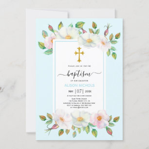 Invitation Chien sauvage blanc rose bleu pâle floral Baptême