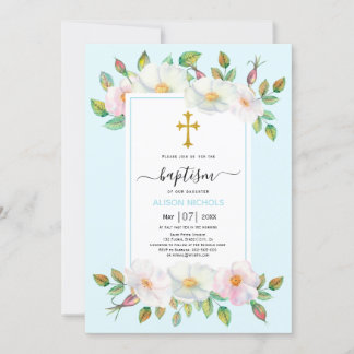 Invitation Chien sauvage blanc rose bleu pâle floral Baptême