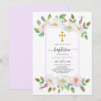 Invitation Chien sauvage blanc rose lavande floral Baptême