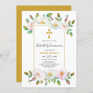 Invitation Chien sauvage blanc rose or floral Première commun