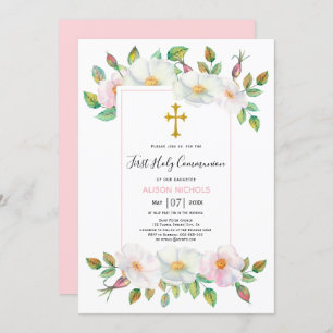 Invitation Chien sauvage blanc, rose rose floral Première com