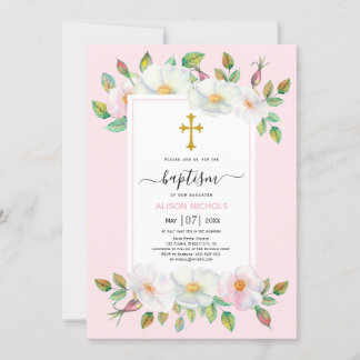 Invitation Chien sauvage blanc rose rose rousse floral Baptêm
