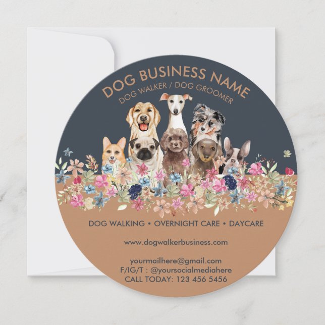 Invitation Chiens aux fleurs cercle (Devant)