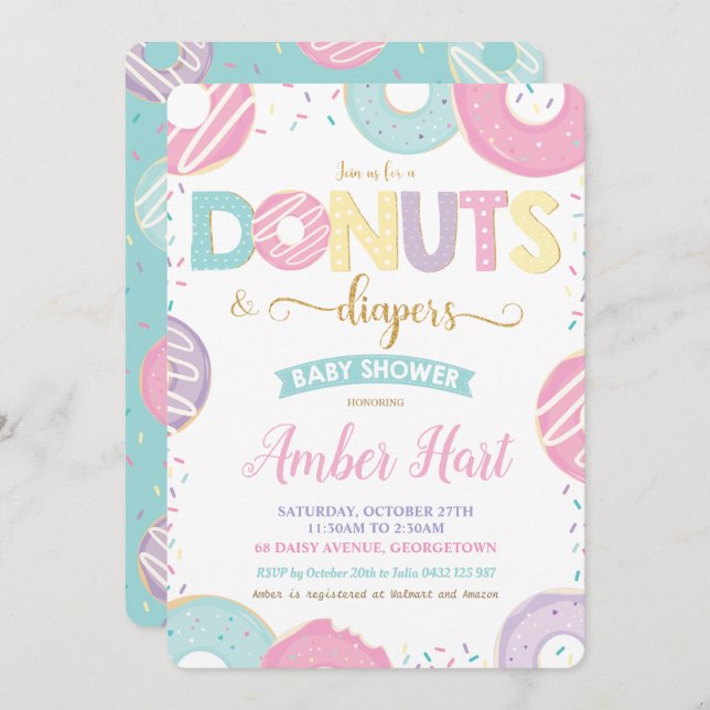 Invitation Chiens chics et Diapers Baby shower Gold Girl (Devant / Derrière)