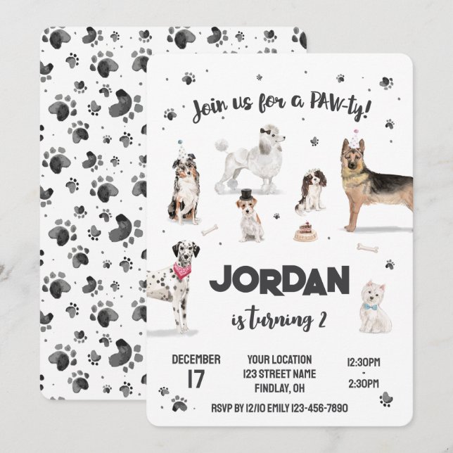 Invitation Chiens d'aquarelle réaliste fête d'anniversaire, n (Devant / Derrière)