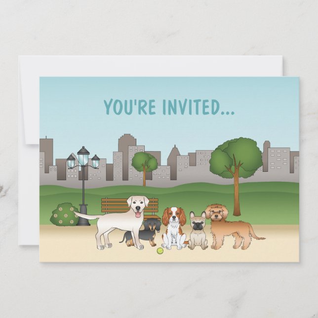 Invitation Chiens De Caricature Dans Un Parc Anniversaire (Devant)