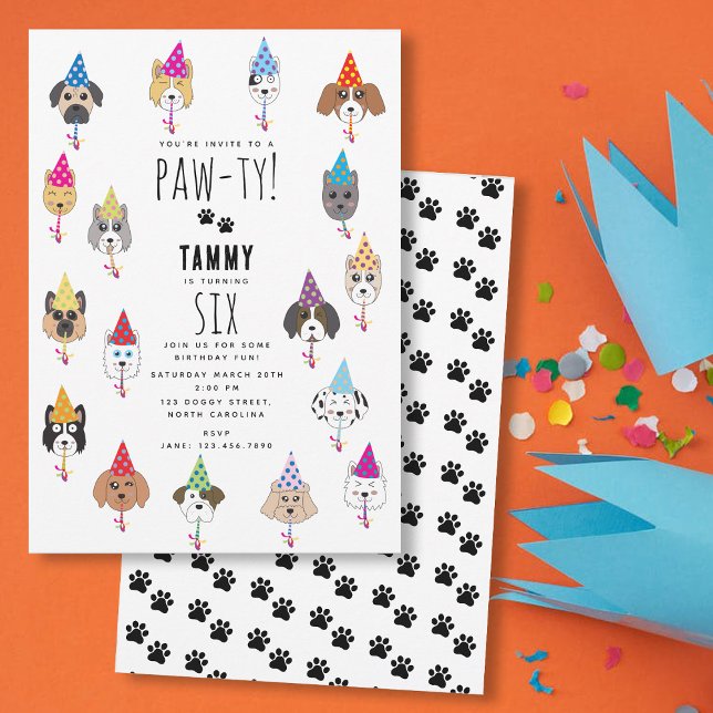 Invitation Chiens de fête d'anniversaire Pawty mignons (Pawty Cute Birthday Party Dogs Invitation)