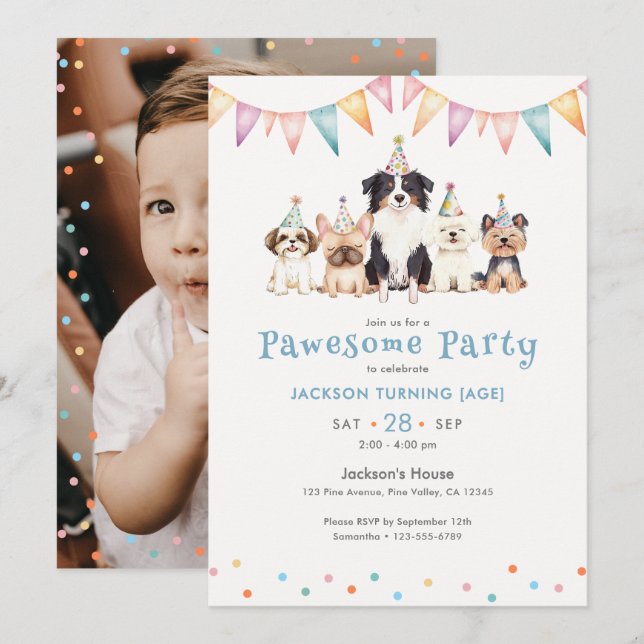 Invitation Chiens de fête formidables Photo d'anniversaire de (Devant / Derrière)