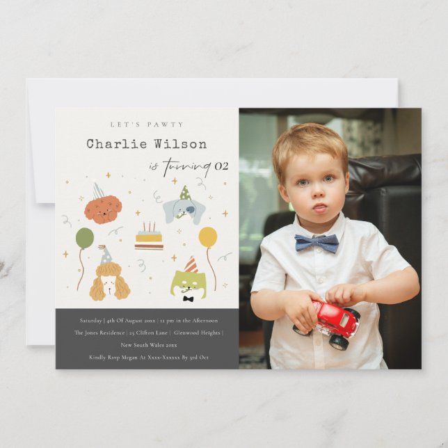 Invitation Chiens de marionnettes de la fête des enfants Phot (Devant)