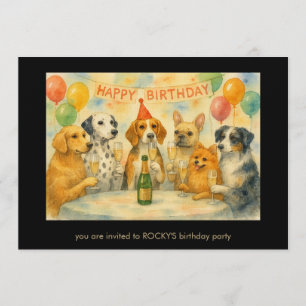 Invitation Chiens drôles buvant du champagne Fête d'anniversa