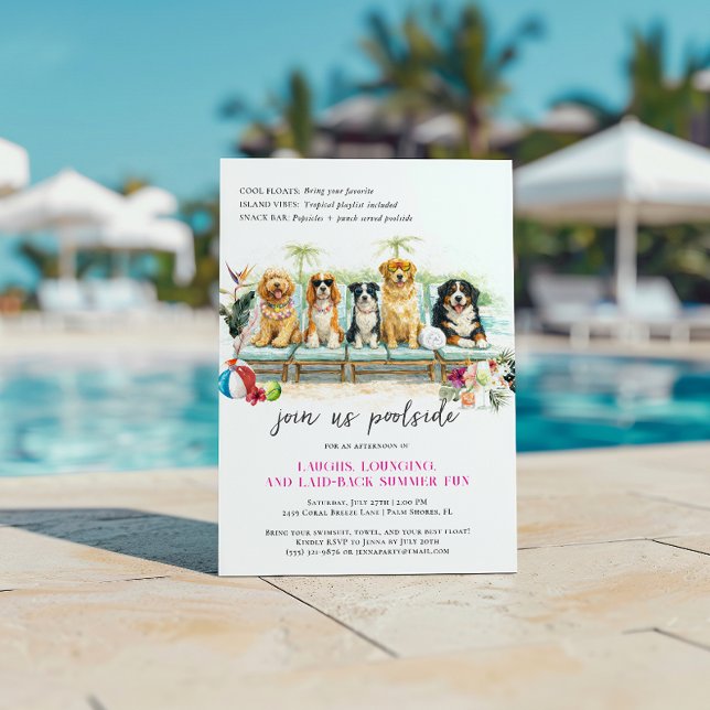 Invitation Chiens mignons d'été | Fête tropicale au bord de l (Créateur téléchargé)