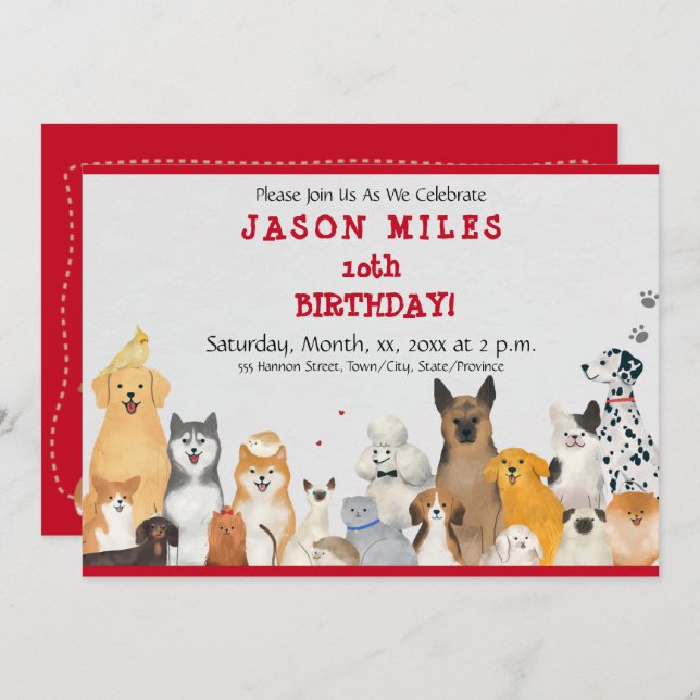 Invitation Chiens mignons pour la fête d'anniversaire des enf (Devant / Derrière)