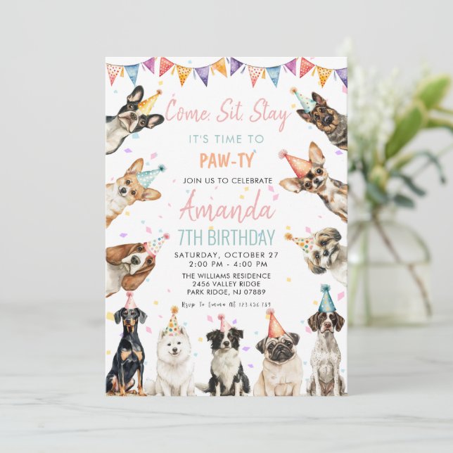 Invitation Chiens puppy Pawty Anniversaire (Debout devant)