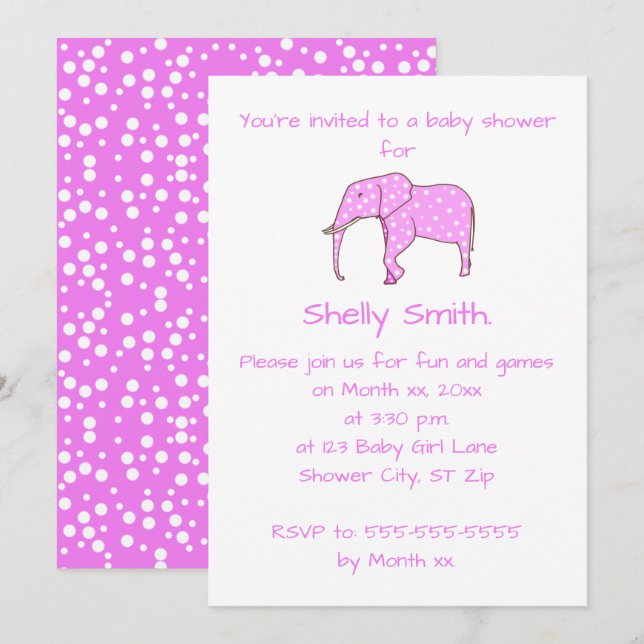 Invitation Chiffres blancs Eléphant Rose Bébé Douche Invitati (Devant / Derrière)