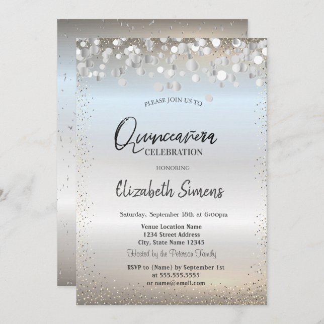 Invitation Chiffres Confetti en argent Princesse Silver Quinc (Devant / Derrière)
