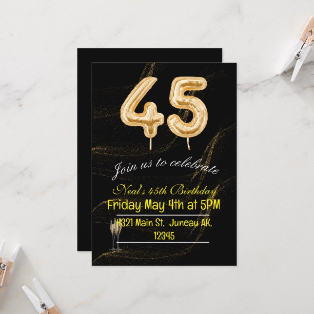 Invitation chiffres de ballons noirs et or pour 45 (Devant/Arrière en situation)