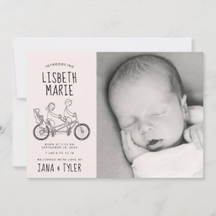 Invitation Chiffres de bâton sur vélo tandem avec siège bébé