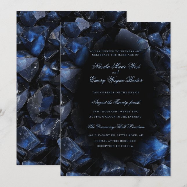 Invitation Chiffres de sorcière bleu foncé Boho Mariage noir (Devant / Derrière)