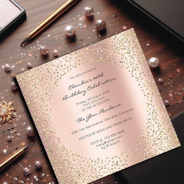 Invitation Chiffres d'or rose Points Confetti Champaigne Or (Rose Gold Crystals Dots Confetti Champaigne Gold Invitation)