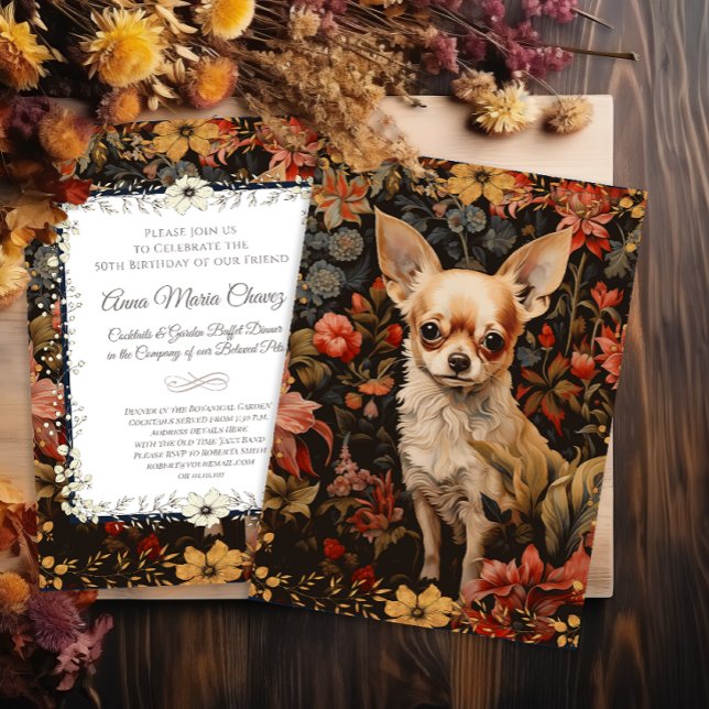 Invitation Chihuahua avec des fleurs en style William Morris (Créateur téléchargé)