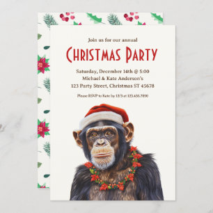 Invitation Chimpanzé Santa Hat Poinsettias Noël