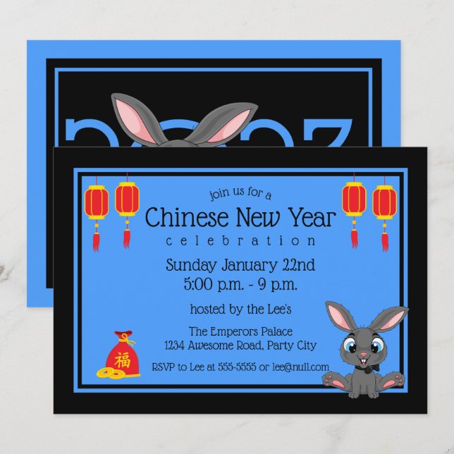 Invitation Chine 2023 Cartoon Rabbit de Nouvel An (Devant / Derrière)