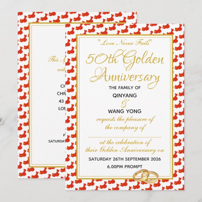 Invitation CHINE Écriture chrétienne personnalisée 50e annive (Devant / Derrière)