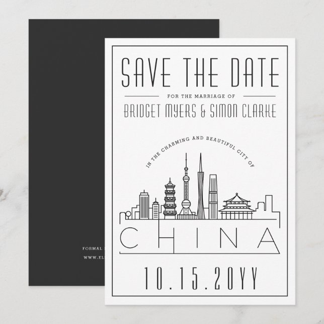 Invitation Chine Mariage Skyline stylisé Save the Date (Devant / Derrière)
