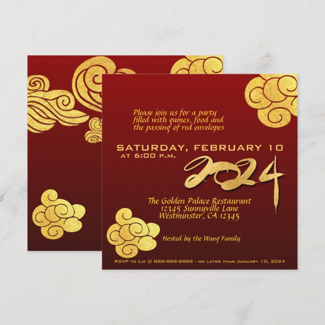 Invitation Chine New Year Dragon papier coupé 2024 Gold Cloud (Devant / Derrière)