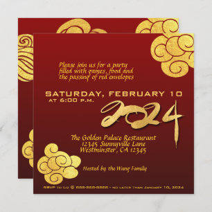 Invitation Chine New Year Dragon papier coupé 2024 Gold Cloud