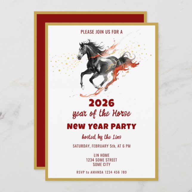 Invitation Chinese New Year 2026 Horse Ink New Year Party (Devant / Derrière)