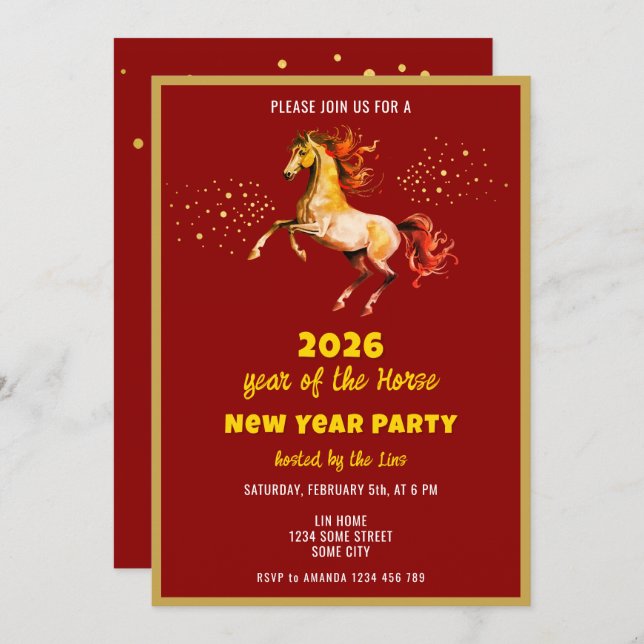 Invitation Chinese New Year 2026 Horse Ink New Year Party (Devant / Derrière)