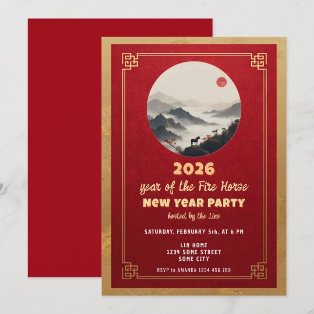 Invitation Chinese New Year 2026 Horse New Year Party (Devant / Derrière)